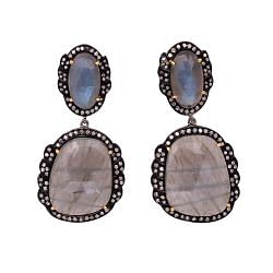 Victorian Jewelry, Silver Diamond Earring With Rose Cut Diamond, And Labradorite Stone Studded In 925 Sterling Silver, Black Rhodium Plated. J-141