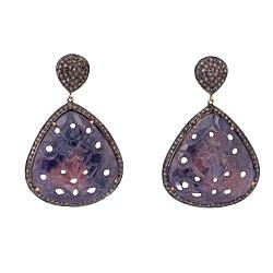Victorian Jewelry, Silver Diamond Earring With Rose Cut Diamond And Sapphire Stone Studded In 925 Sterling Silver Gold Plating. J-157