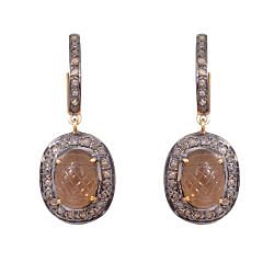 Victorian Jewelry, Silver Diamond Earring With Rose Cut Diamond And Smoky Quartz Stone Studded In 925 Sterling Silver Gold, Black Rhodium Plating. J-169