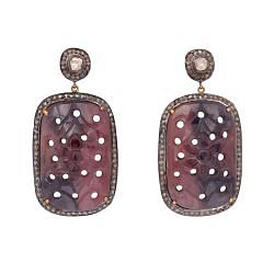 Victorian Jewelry, Silver Diamond Earring With Rose Cut Diamond And Polki Diamond, Sapphire Stone Studded In 925 Sterling Silver Gold Plating. J-175