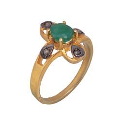 925 Sterling Silver Gold Plated Diamond Ring - Emerald Stone,  J-181