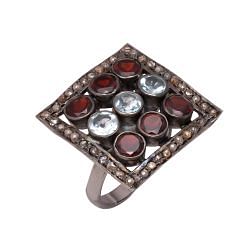 925 Sterling Silver Diamond Ring With Rose Cut Diamond And Garnet - J-184  