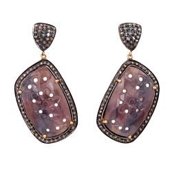 Victorian Jewelry, Silver Diamond Earring With Rose Cut Diamonds And Sapphire In 925 Sterling Silver Gold Plating