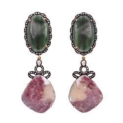 Victorian Jewelry, Silver Diamond Earring With Rose Cut Diamond, Green Agate And Red Agate In 925 Sterling Silver Gold, Black Rhodium Plating. J-202