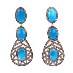 Victorian Jewelry, Silver Diamond Earring With Rose Cut Diamond And Turquoise Stone Studded In 925 Sterling Silver Gold, Black Rhodium Plating. J-215