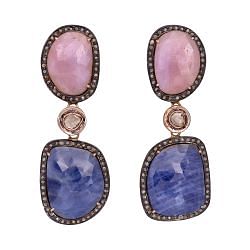 Victorian Jewelry, Silver Diamond Earring With Rose Cut Diamond And Pink Sapphire, Blue Sapphire Stone Studded In 925 Sterling Silver Gold Plating. J-223
