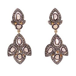 Victorian Jewelry, Silver Diamond Earring With Rose Cut Diamond And Polki Diamond In 925 Sterling Silver Gold Plating. J-230
