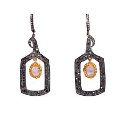 Victorian Jewelry, Silver Diamond Earring With Rose Cut Diamond And Moonstone Stone Studded In 925 Sterling Silver Gold, Black Rhodium Plating. J-234
