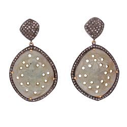 Victorian Jewelry, Silver Diamond Earring With Rose Cut Diamond And Sapphire Stone Studded In 925 Sterling Silver Gold, Black Rhodium Plating. J-242
