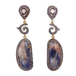 Victorian Jewelry, Silver Diamond Earring With Rose Cut Diamond And Polki Diamond, Sapphire Stone Studded In 925 Sterling Silver Gold Plating. J-261