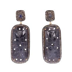 Victorian Jewelry, Silver Diamond Earring With Rose Cut Diamond And Blue Sapphire Stone Studded In 925 Sterling Silver Gold Plating. J-268