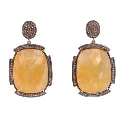 Victorian Jewelry, Silver Diamond Earring With Rose Cut Diamond And Yellow Sapphire Stone Studded In 925 Sterling Silver Gold Plating. J-270
