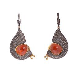 Victorian Jewelry, Silver Diamond Earring With Rose Cut Diamond And Hessonite Stone Studded In 925 Sterling Silver Gold, Black Rhodium Plating. J-278
