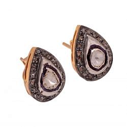 Victorian Jewelry, Silver Diamond Earring With Rose Cut Diamond And Polki Diamond Studded In 925 Sterling Silver Gold, Black Rhodium Plating.J-296