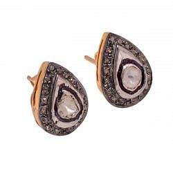 Victorian Jewelry, Silver Diamond Earring With Rose Cut Diamond And Polki Diamond Studded In 925 Sterling Silver Gold Plating.J-299