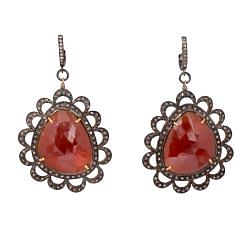 Victorian Jewelry, Silver Diamond Earring With Rose Cut Diamond And Hessonite Garnet Stone Studded In 925 Sterling Silver Gold Plating. J-29