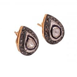 Victorian Jewelry, Silver Diamond Earring With Rose Cut Diamond And Polki Diamond In 925 Sterling Silver Gold, Black Rhodium Plating. J-304