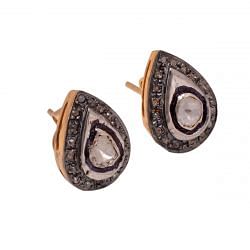 Victorian Jewelry, Silver Diamond Earring With Rose Cut Diamond And Polki Diamond In 925 Sterling Silver Gold, Black Rhodium Plating. J-305
