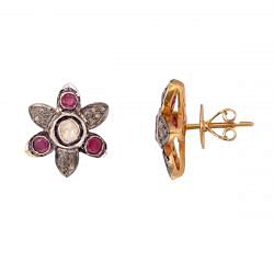 Victorian Jewelry, Silver Diamond Earring With Rose Cut Diamond And Polki Diamond, Ruby Stone Studded  In 925 Sterling Silver Gold Plating. J-385