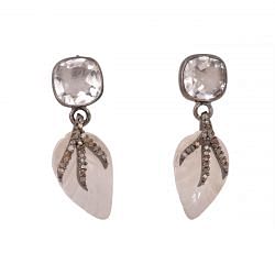 Victorian Jewelry, Silver Diamond Earring With Rose Cut Diamond And Rose Quartz Studded In 925 Sterling Silver Black Rhodium Plating. J-412
