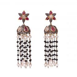 Victorian Jewelry, Silver Diamond Earring With Rose Cut Diamond, Polki, Ruby, Black Spinal And Pearl Studded In 925 Sterling Silver Gold, Black Rhodium Plating. J-473