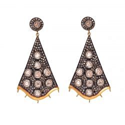 Victorian Jewelry, Silver Diamond Earring With Rose Cut Diamond And Polki Diamond In 925 Sterling Silver Gold Plating. J-481