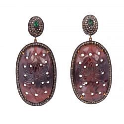 Victorian Jewelry, Silver Diamond Earring With Rose Cut Diamond And Carving Sapphire Stone Studded In 925 Sterling Silver Gold Plating. J-482
