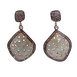 Victorian Jewelry, Silver Diamond Earring With Rose Cut Diamonds And Sapphire Stone Studded In 925 Sterling Silver Gold Plating. J-4