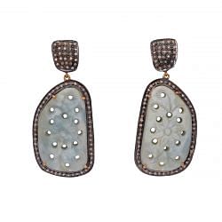 Victorian Jewelry, Silver Diamond Earring With Rose Cut Diamond And Green Sapphire Stone Studded In 925 Sterling Silver Gold Plating. J-500