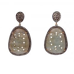 Victorian Jewelry, Silver Diamond Earring With Rose Cut  Diamond And Carving Sapphire Stone Studded In 925 Sterling Silver Gold Plating. J-525