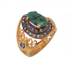 925 Sterling Silver Diamond Ring - Rose Cut Diamond And Emerald,  J-535