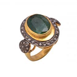 925 Sterling Silver Diamond Ring - Rose Cut Diamond And Emerald,  J-542