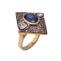 925 Sterling Silver Diamond Ring With Gold Plating - J-550