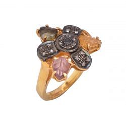  925 Sterling Silver Diamond Ring With Rose Cut Diamond , Multi Tourmaline -  J-585