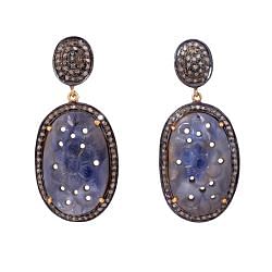 Victorian Jewelry, Silver Diamond Earring With Rose Cut Diamonds And Sapphire Stone Studded In 925 Sterling Silver Gold Plating. J-5