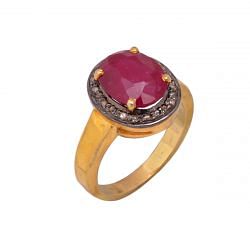   Silver Diamond Ring with Natural Rose Cut Diamonds And Ruby - J-605