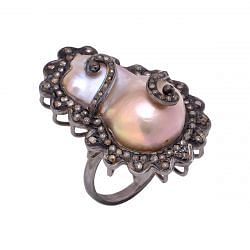 Victorian Jewelry, Silver Diamond Ring With Rose Cut Diamond And Pearl Stone Studded In 925 Sterling Silver Black Rhodium Plating. J-635