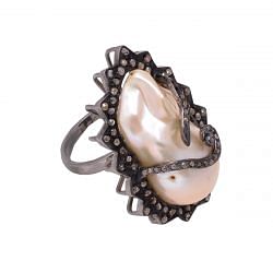 Victorian Jewelry, Silver Diamond Ring With Rose Cut Diamond And Pearl Stone Studded In 925 Sterling Silver Black Rhodium Plating. J-637 