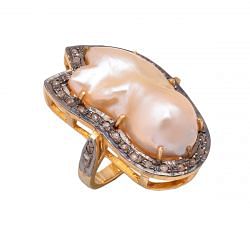Victorian Jewelry, Silver Diamond Ring With Rose Cut Diamond And Pearl Stone Studded in 925 Sterling Silver, Gold Plating. J-641