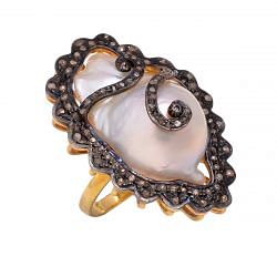 Victorian Jewelry, Silver Diamond Ring With Rose Cut Diamond And Pearl Stone Studded In 925 Sterling Silver Gold, Black Rhodium Plating. J-643