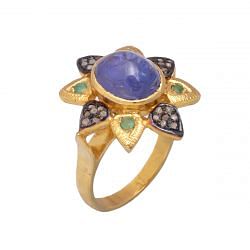 Victorian Jewelry, Silver Diamond Ring With Rose Cut Diamond, Emerald And Tanzanite Stone Studded In 925 Sterling Silver Gold, Black Rhodium Plating. J-646