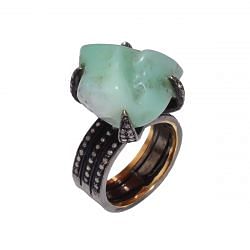 Victorian Jewelry, Silver Diamond Ring With Rose Cut Diamond, And Chrysoprase Studded In 925 Sterling Silver Gold, Black Rhodium Plating. J-647