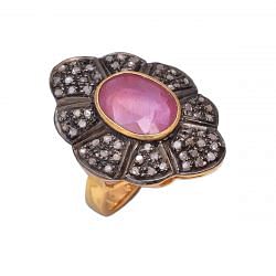 Victorian Jewelry, Silver Diamond Ring With Rose Cut Diamond, And Ruby Stone Studded In 925 Sterling Silver Gold, Black Rhodium Plating. J-648