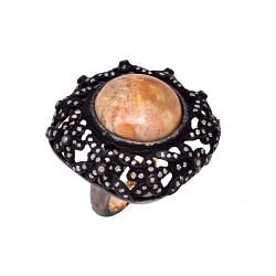 Victorian Jewelry, Silver Diamond Ring With Rose Cut Diamond And Coral Stone Studded In 925 Sterling Silver Black Rhodium Plating. J-650