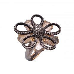 Victorian Jewelry, Silver Diamond Ring With Rose Cut Diamond And Golden Rutile Stone Studded In 925 Sterling Silver Black Rhodium Plating. J-651