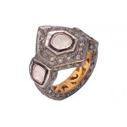 Victorian Jewelry, Silver Diamond Ring With Rose Cut Diamond And Polki Diamond, Kyanite In 925 Sterling Silver Gold, Black Rhodium Plating. J-655