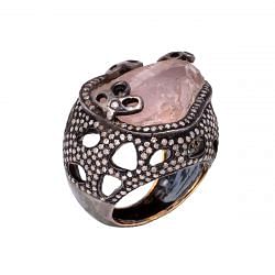 Victorian Jewelry, Silver Diamond Ring With Rose Cut Diamond And Rose Quartz Stone Studded In 925 Sterling Silver Black Rhodium Plating. J-657