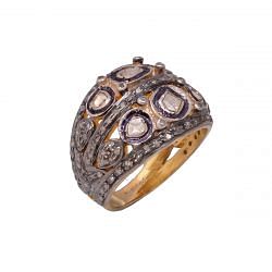 Victorian Jewelry, Silver Diamond Ring With Rose Cut Diamond And Polki Diamond Stone Studded In 925 Sterling Silver Gold Plating. J-658