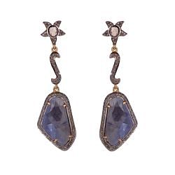 Victorian Jewelry, Silver Diamond Earring With Rose Cut Diamond And Polki Diamond, Sapphire Stone Studded In 925 Sterling Silver Gold Plating. J-65