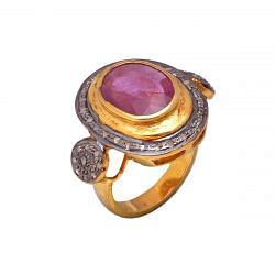 Victorian Jewelry, Silver Diamond Ring With Rose Cut Diamond And Ruby Stone Studded In 925 Sterling Silver Gold Plating. J-660